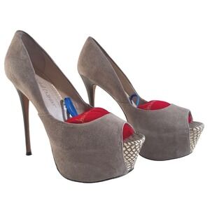 Jean-Michel Cazabat Taupe Suede Leather Peep Toe Platform Stiletto Heels 37.5